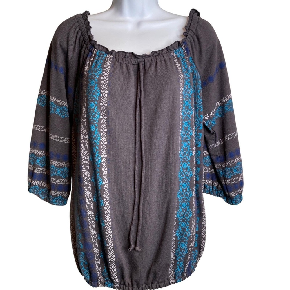 VTG Y2K SELF ESTEEM Gray Embroidered Peasant Top Size L Boho-Chic Flowy Festival